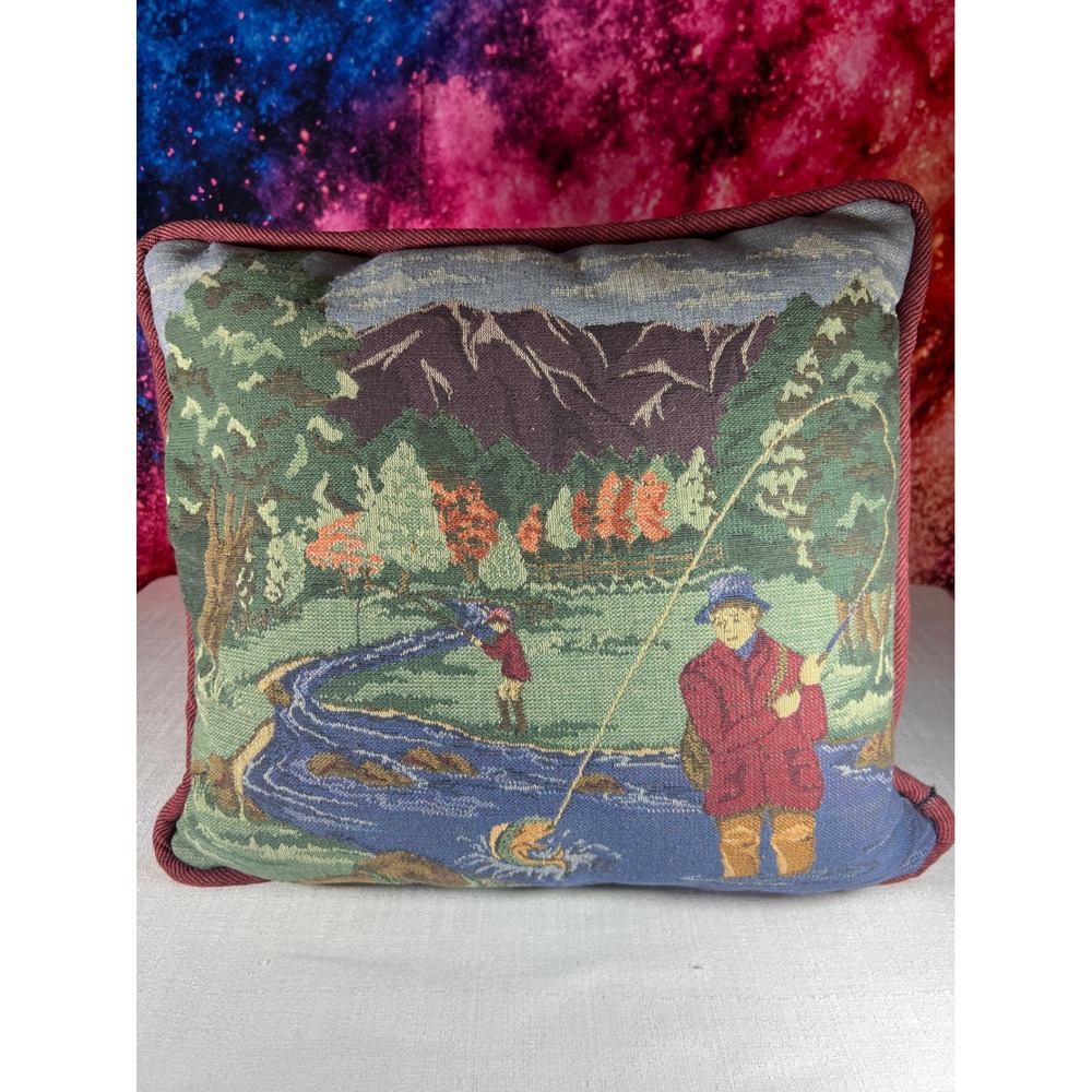 Vintage Tapestry Fly Fishing Throw Pillow Lodge Cabin Decor Mountain Scene 16x16